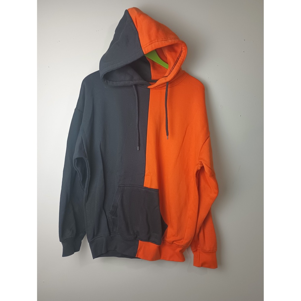Post Mortem Horror Boutique Mens Split Hoodie Orange Black Two Tone Pullover M
